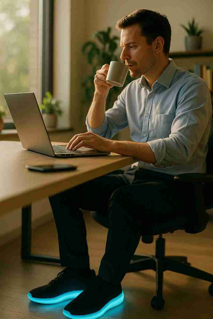 Man sitting at a desk with a laptop, drinking from a mug, wearing glowing shoes.