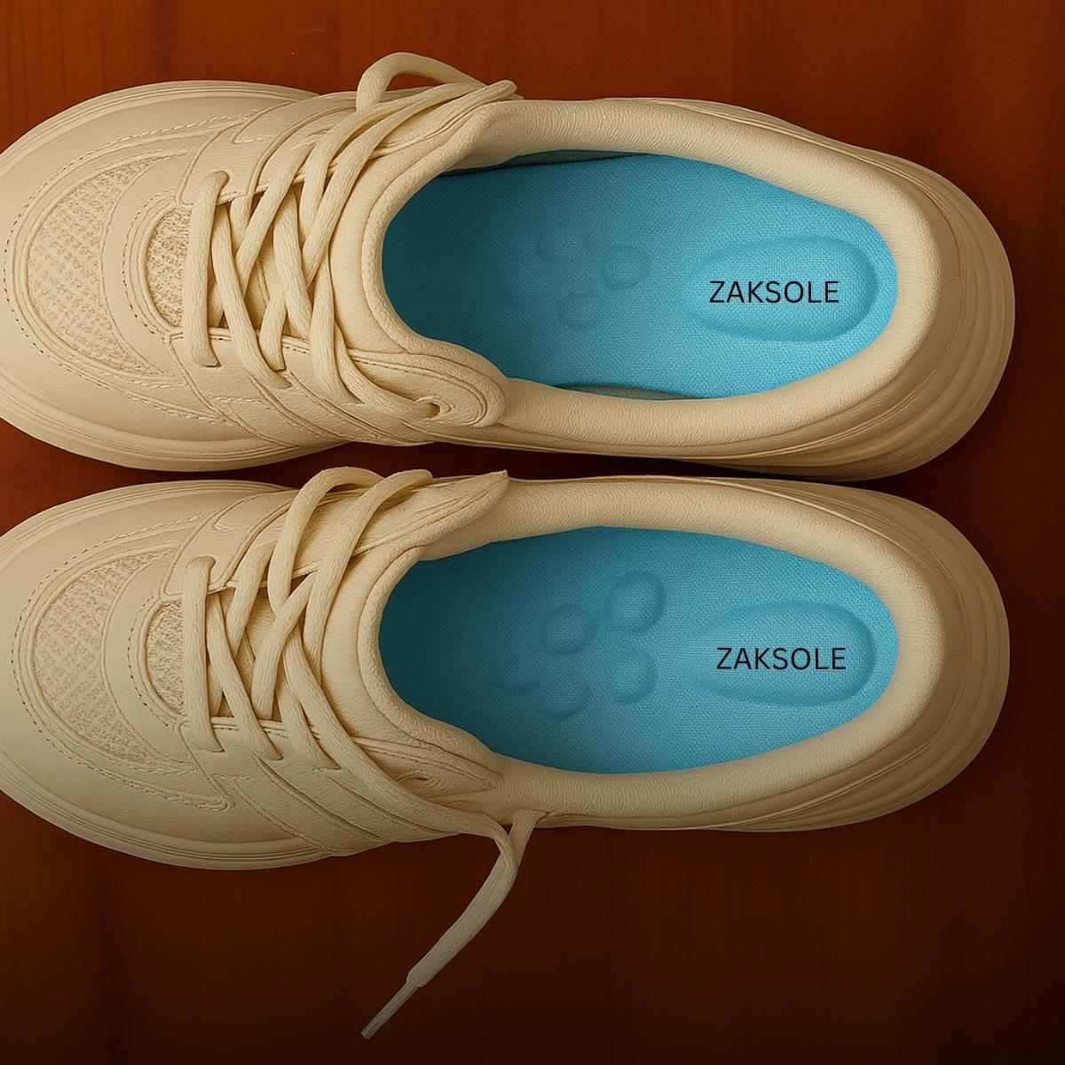 Pair of cream sneakers with blue soles on a wooden surface
