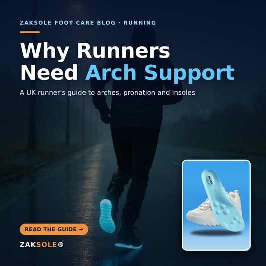 Runner on a wet UK road at night with ZakSole arch support insoles - Why Runners Need Arch Support guide