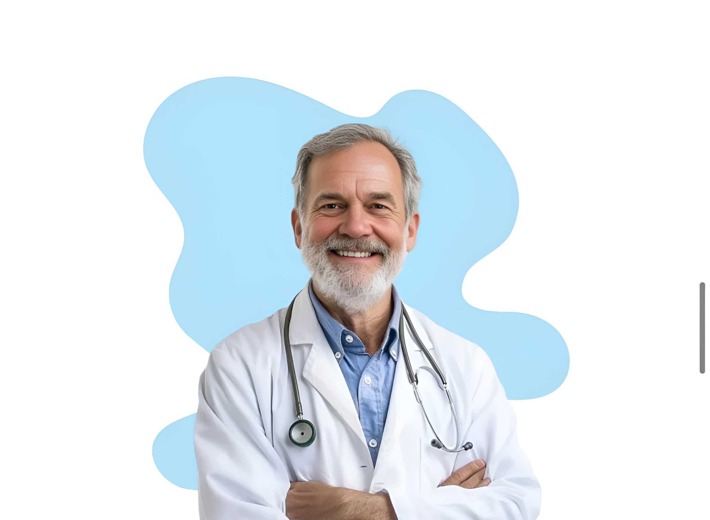 Doctor with a stethoscope standing against a light blue background