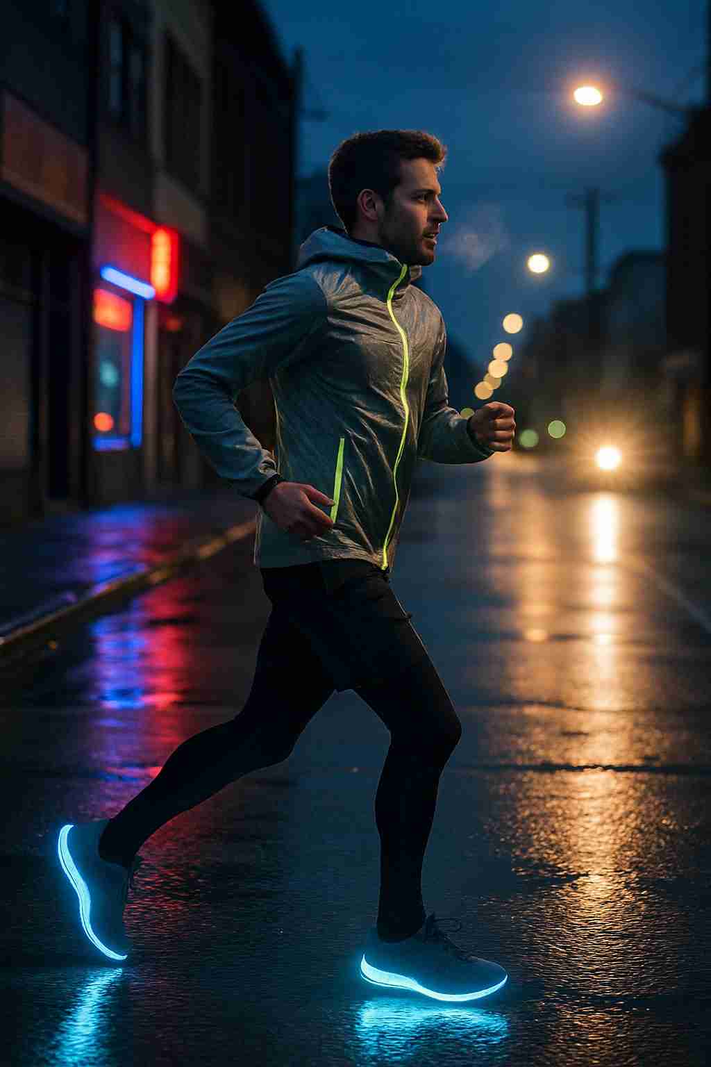 Person running on a city street at night with glowing shoes