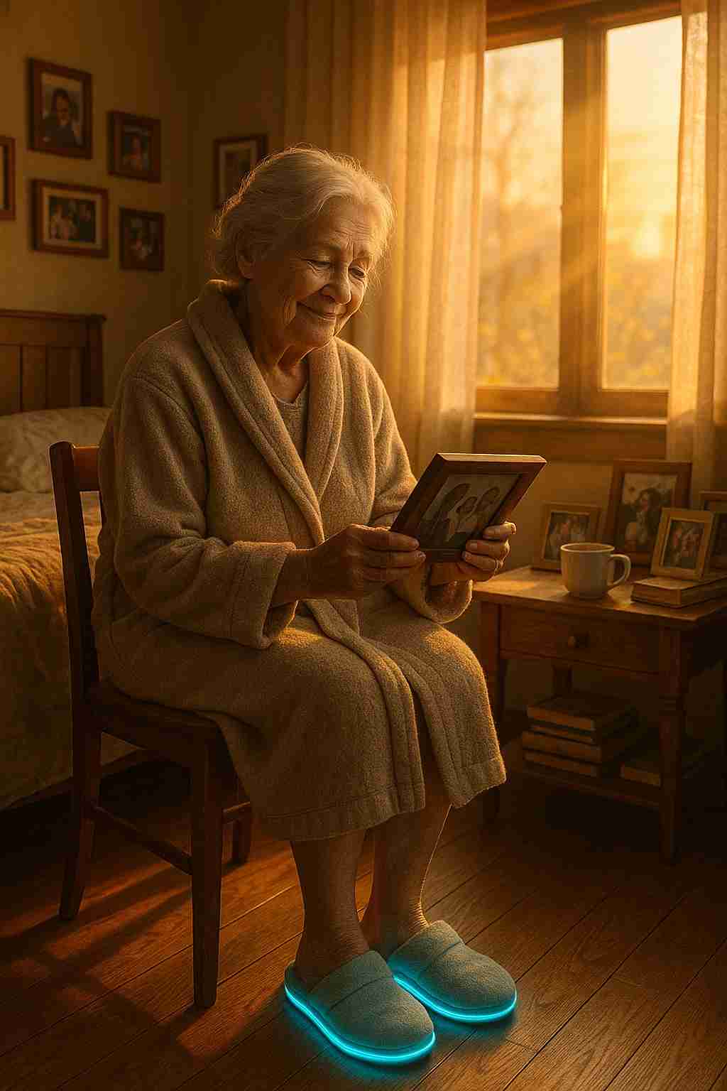 Senior woman in a robe sitting in a bedroom holding a tablet, with a warm glow from a window.