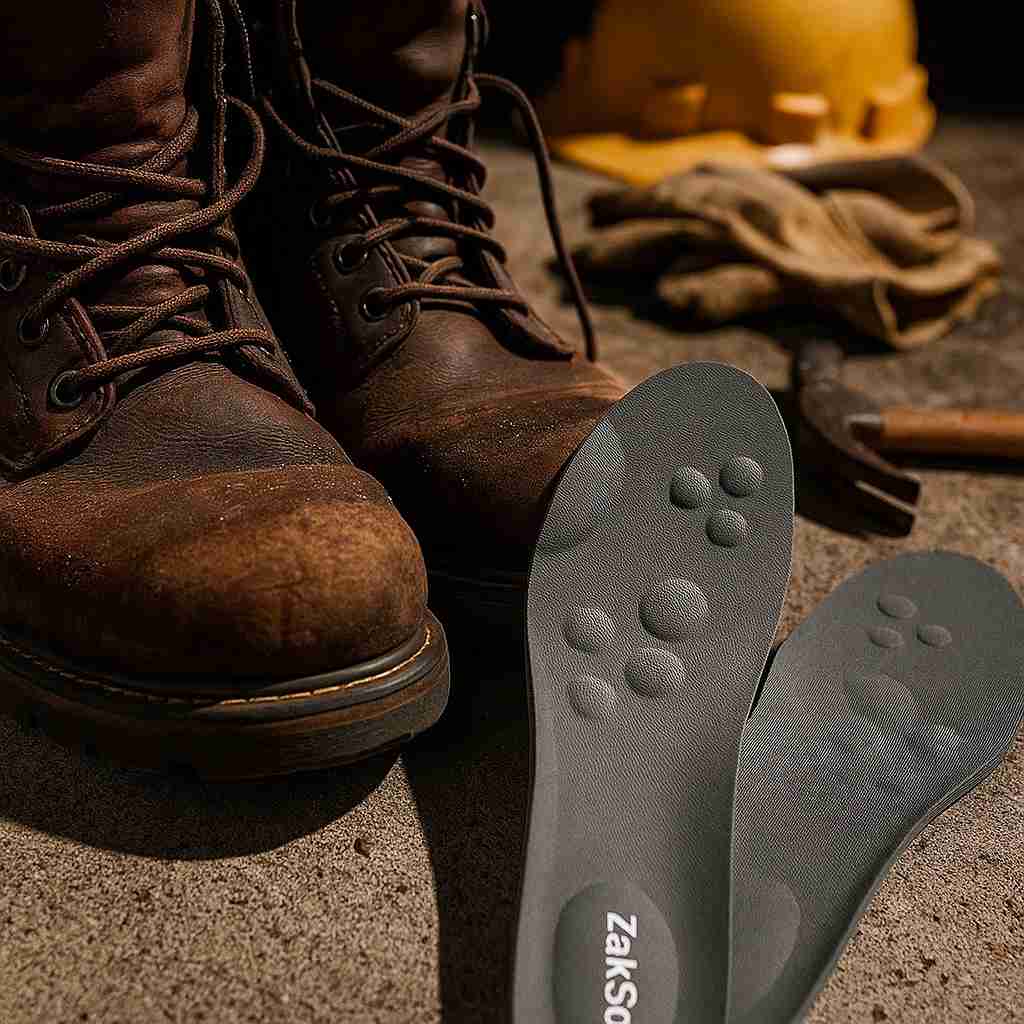 Brown work boots with gray insoles labeled 'Zaks' on a textured surface.
