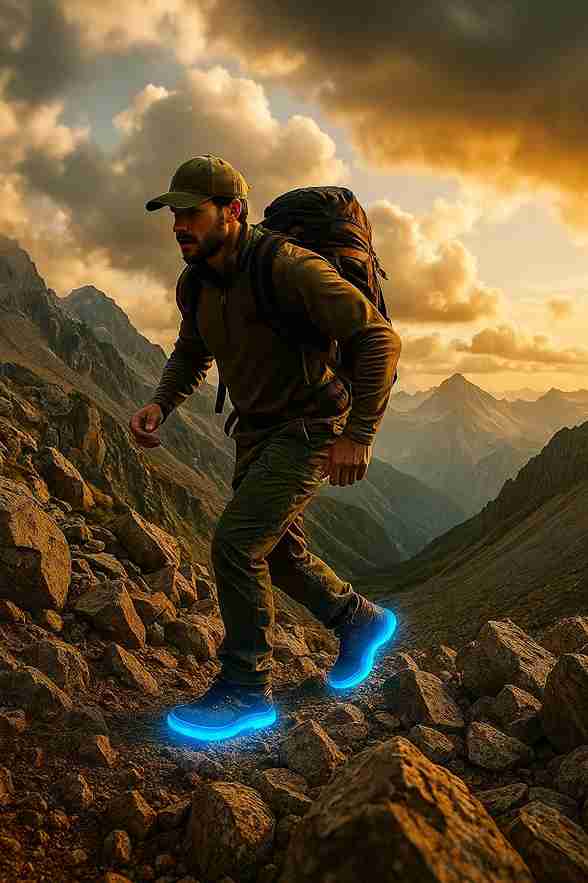 Hiker with glowing blue shoes on a mountain path during sunset