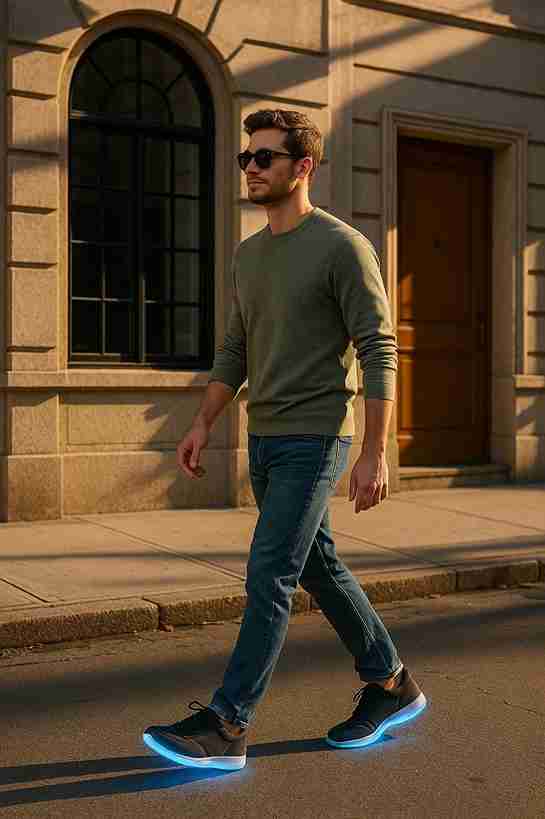 Man walking on a sidewalk wearing a green sweater, blue jeans, and black shoes with glowing soles.
