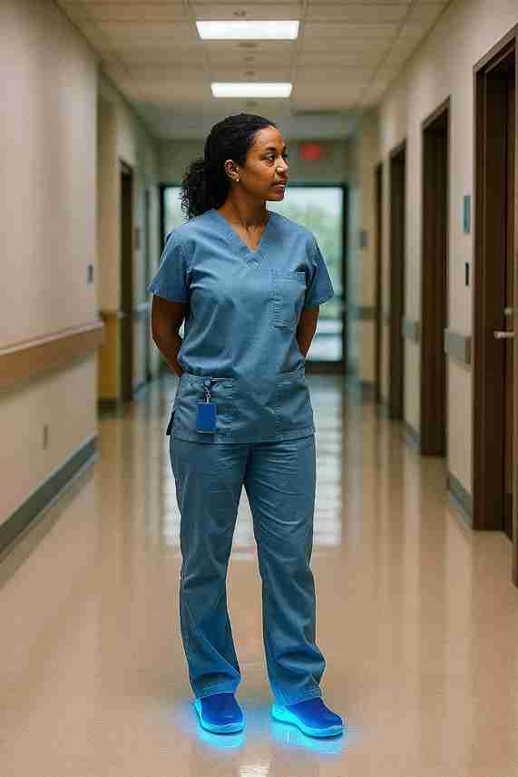 Nurse in blue scrubs standing in a hospital hallway