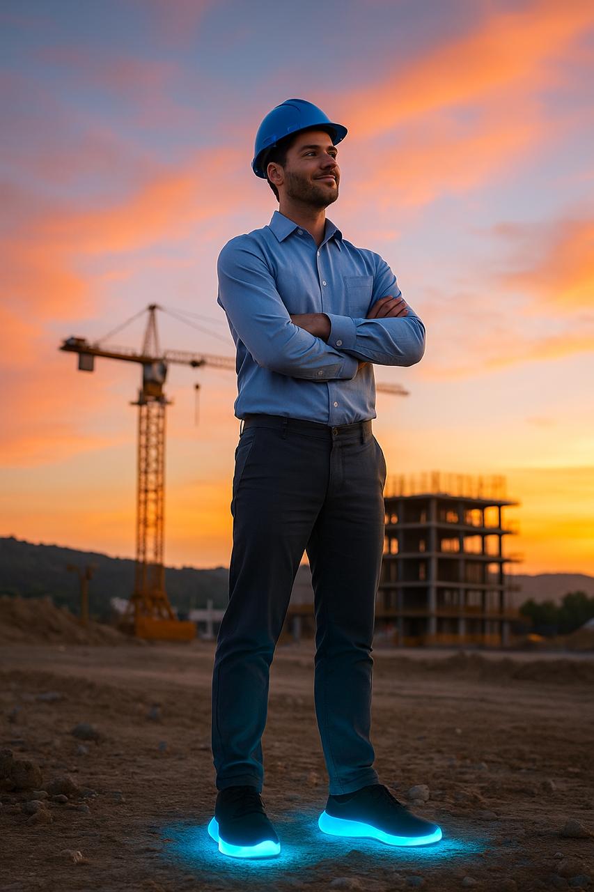 Man in construction attire with glowing shoes at a construction site during sunset.