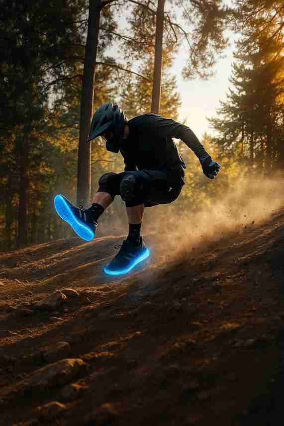 Person riding a bike on a dirt trail with glowing shoes in a forest setting