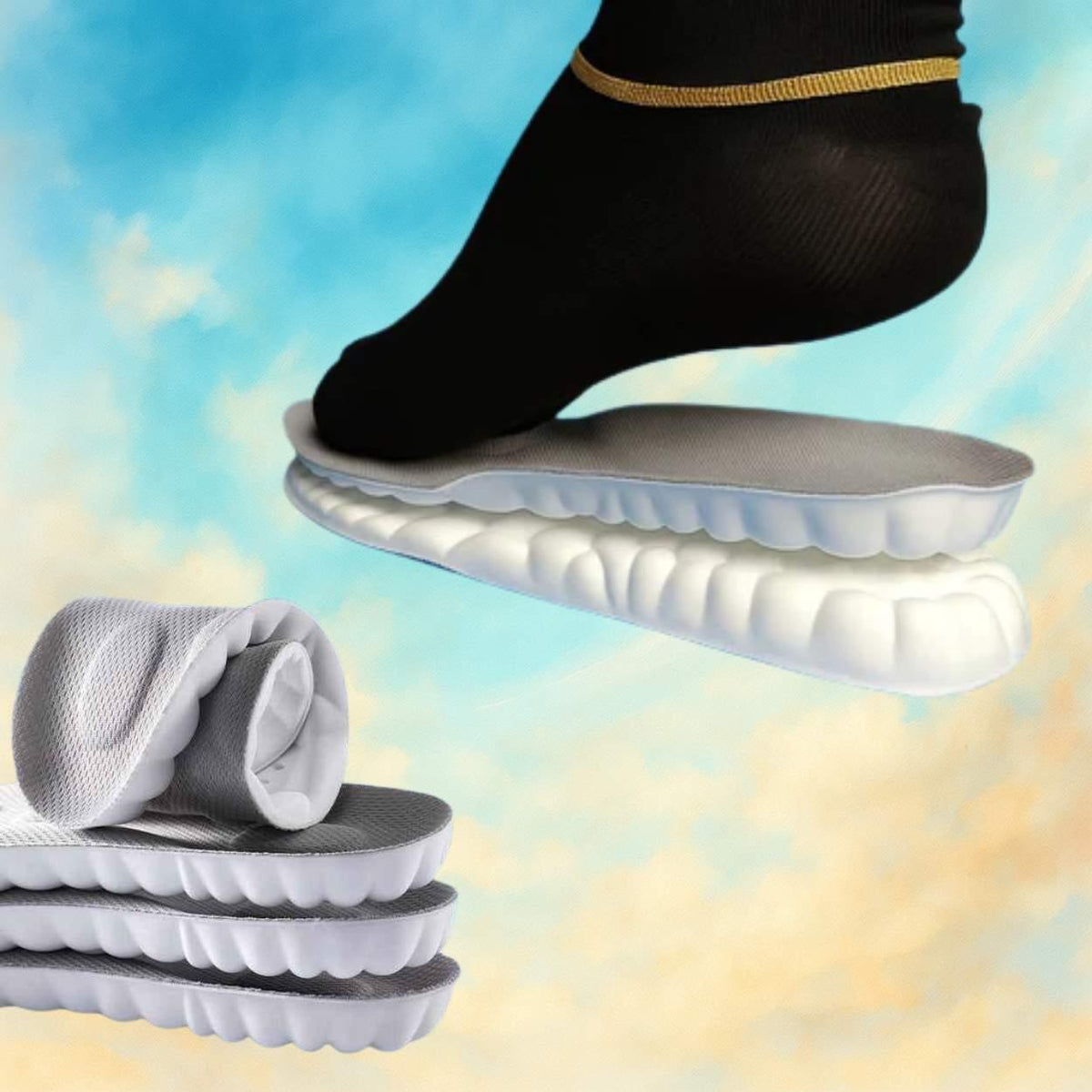 Foot wearing a black sock with a gray insole