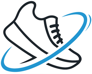 Black and white sneaker icon with a blue swoosh on a white background